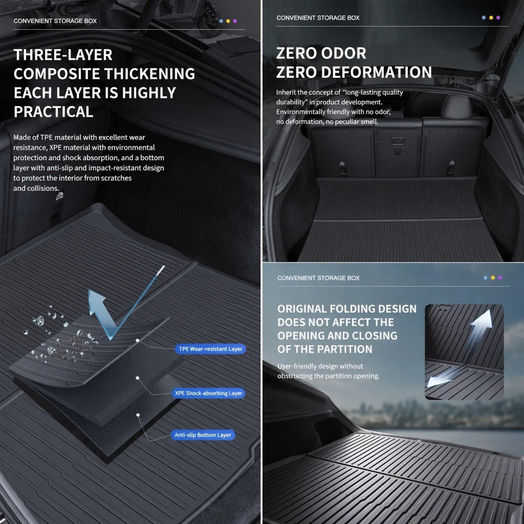 Tesla Model Y Juniper Front & Rear Trunk Mats – TPE Injection-Molded, Waterproof, Scratch-Resistant (Including Lower Trunk Mat)