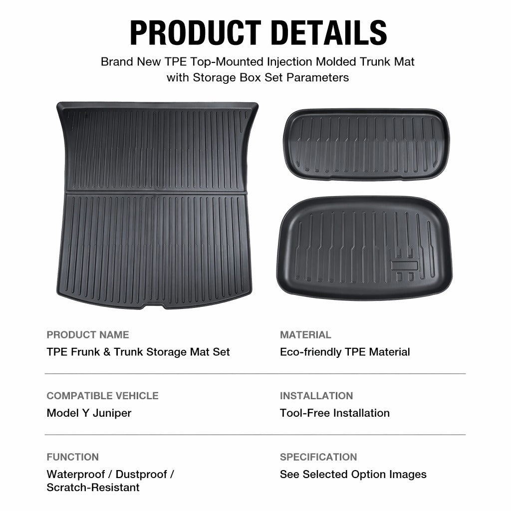Tesla Model Y Juniper Front & Rear Trunk Mats – TPE Injection-Molded, Waterproof, Scratch-Resistant (Including Lower Trunk Mat)