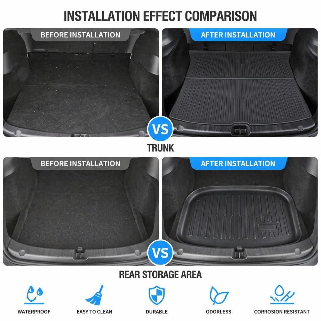 Tesla Model Y Juniper Front & Rear Trunk Mats – TPE Injection-Molded, Waterproof, Scratch-Resistant (Including Lower Trunk Mat)